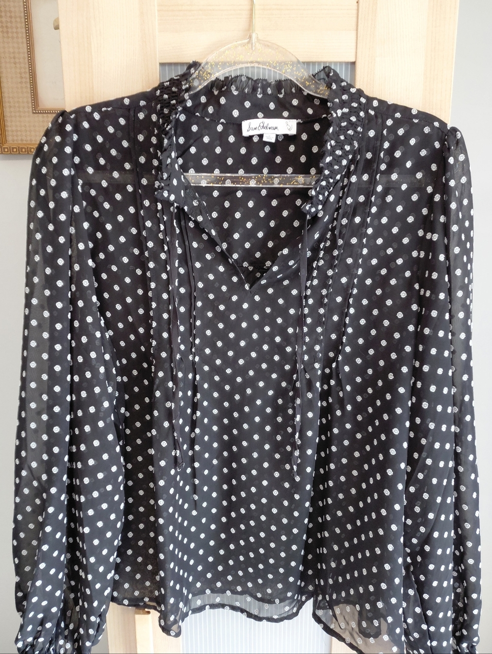 Sam Edelman Sheer Black White Long-Sleeve Tie-Neck Blouse